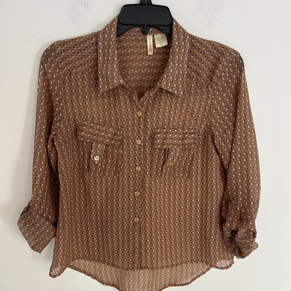 Passport‎ Women's Sz S Brown Floral Sheer Roll Tab Sleeves Button Up Blouse